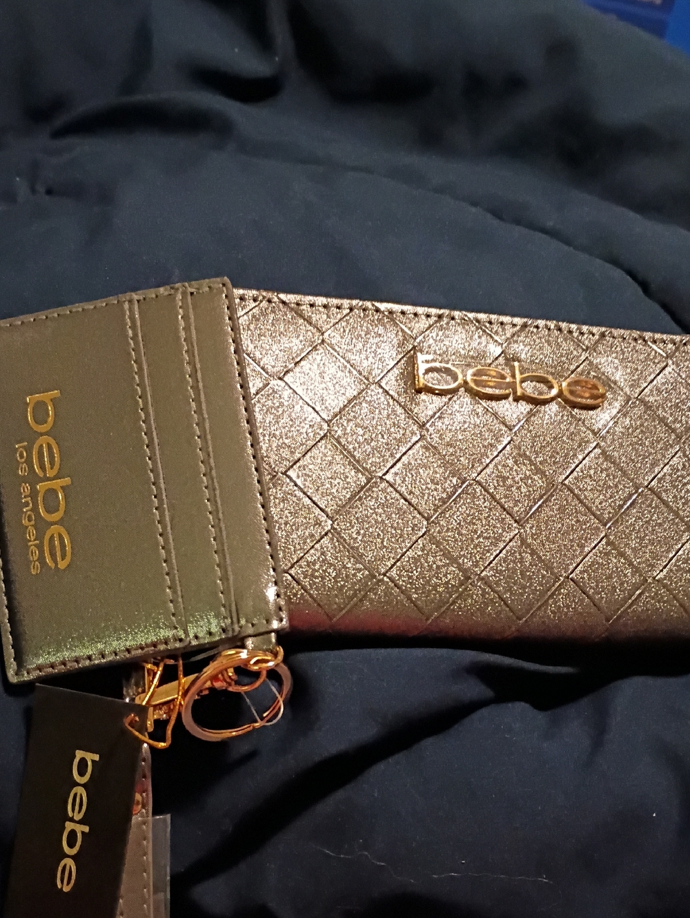 bebe Quilted Metallic Wallet in Rose Gold with Gold Hardware